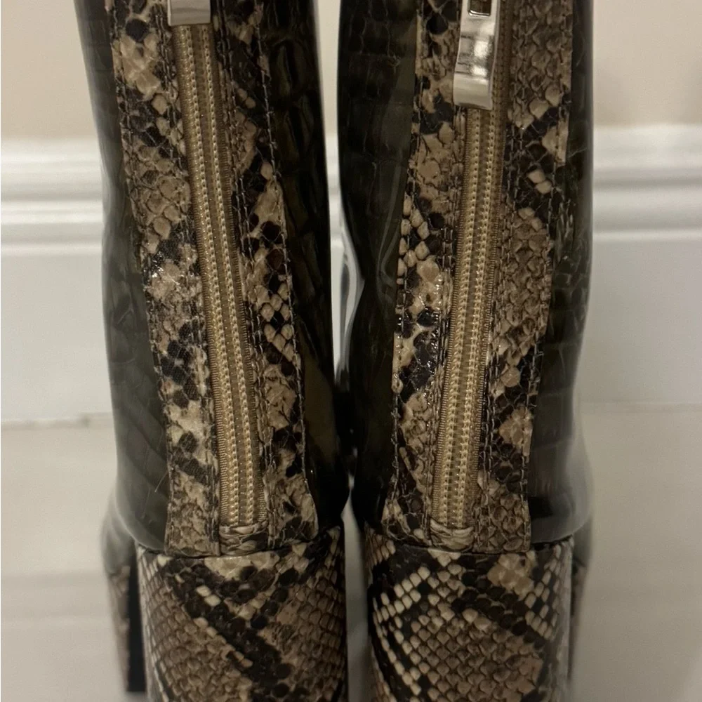 Women’s Platform Ankle Boots in Black with Snake-Print Accents